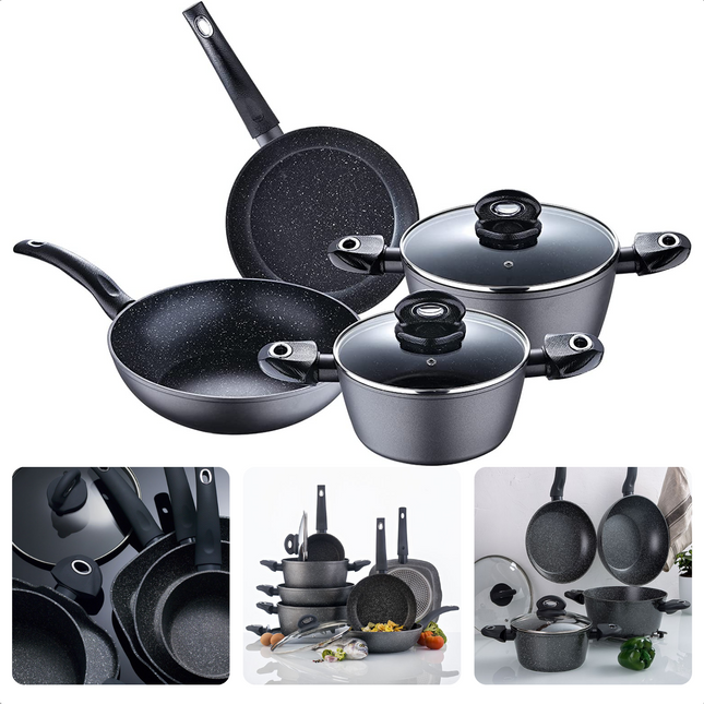 Cheqo® Pannenset voor Inductie - Marmer Coating - Gesmeed Aluminium - Gezond Koken - Soft Touch Handgrepen - PFOA-vrij - Set van 4 - Braadpan Ø24cm - Kookpan Ø20cm - Kookpan Ø24cm - Wokpan Ø28cm - Alle Warmtebronnen Pannenset