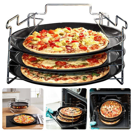 Cheqo® Pizzabakset - 4 Delig - Met Bakplaten en Standaard - Ø32 cm - Non-Stick Coating - Voor Oven en Magnetron - RVS - Chroom - Vaatwasserbestendig - Pizza Bakplaat - Pizzarek - Pizza Oven Bakplaten