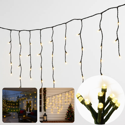 Cheqo® Ijspegel Verlichting - LED Ijspegel - Warm Wit Licht - 180 LED Lampjes - 6 Meter Lang - Lichtgordijn - Binnen En Buiten - IP44 Adapter - Kerstverlichting - Energiezuinig - Decoratieve Verlichting - Raamdecoratie - Muurdecoratie