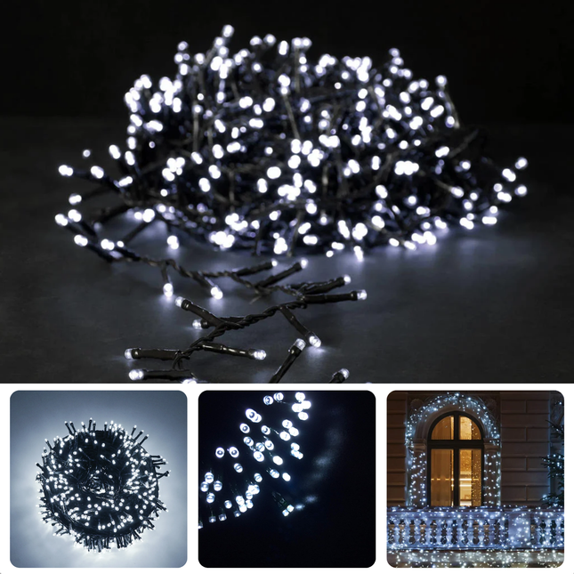 Cheqo LED kerstverlichting met 180 witte lampjes, 13.5 meter, waterdicht voor binnen en buitengebruik, sfeervolle verlichte setting.