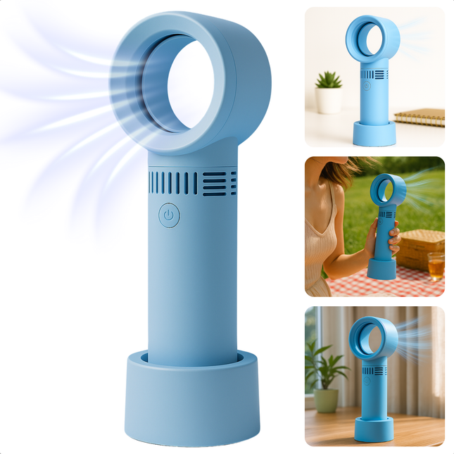 Cheqo® Draagbare Handventilator - Draagbare Ventilator - Bureau Ventilator - Tafelventilator - Waaier - Bladloze Ventilator - Stil en Veilig - USB Oplaadbaar - Compact Ontwerp - Blauw
