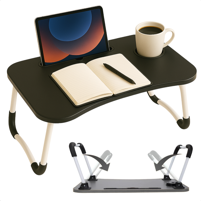Cheqo® Opklapbare Laptoptafel - Ontbijt op Bed Tafel - Bedtafel met Tablethouder - Bank Tafeltje - Ontbijttafeltje - Banktafel - Zwart