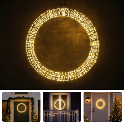 Cheqo® Kerstkrans LED - Kerstverlichting Krans - Warm Witte LED - Metalen Cirkel - IP44 Stekker - Timerfunctie - Buitenverlichting Wit - Raamdecoratie Kerst - Tuinverlichting - Kerstdecoratie - Kerst Krans - Deurkrans
