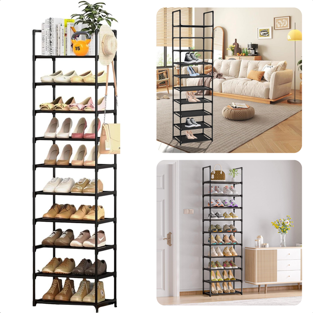Black metal shoe rack with 10 layers holding various shoes, showcased in minimalist living room settings.
