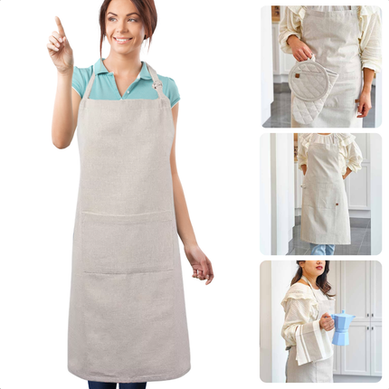 Cheqo® Beige Katoen Keukenschort - Kookschort - Schort - Verstelbaar Unisex - Met Zakken - Duurzaam Koken