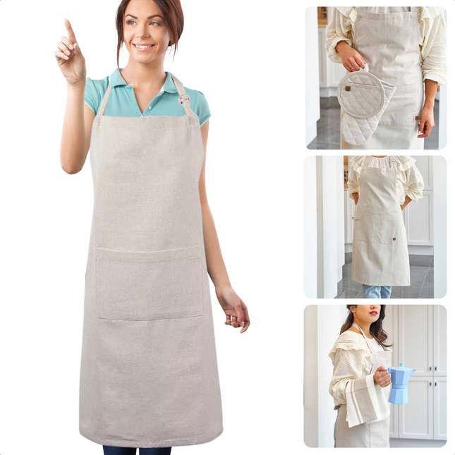 Cheqo® Beige Katoen Keukenschort - Kookschort - Schort - Verstelbaar Unisex - Met Zakken - Duurzaam Koken