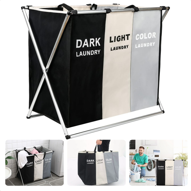 Cheqo® Wasmand 3 vakken met aluminium frame, afneembare waszakken in zwart, wit en grijs voor efficiënte wasorganisatie