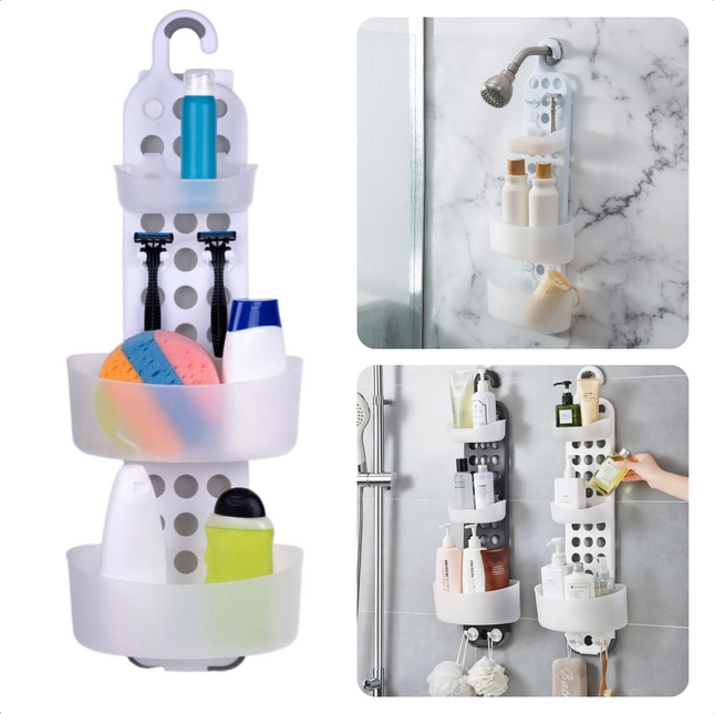 Cheqo® Ophangbaar Doucherek - 71x25cm - Verstelbaar Doucherek - Verstelbaar - Eenvoudige Installatie - Douche Organizer - Doucherek Zonder Boren - Hangend Doucherek - 3 Laags - Douchemandje - Doucherekje - Roestvrij Doucherekjes