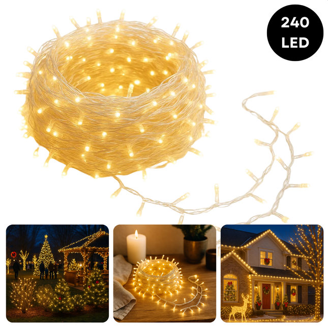 Cheqo® LED Verlichting - 240 LED Lampjes - Warm Wit - Lichtfuncties - Timer Functie - 18 Meter Lichtsnoer - Kerstboomverlichting Transparant Snoer - Binnen En Buiten - IP44 Adapter - Kerstverlichting - Lichtslinger - Sfeerverlichting - Kerstlampjes