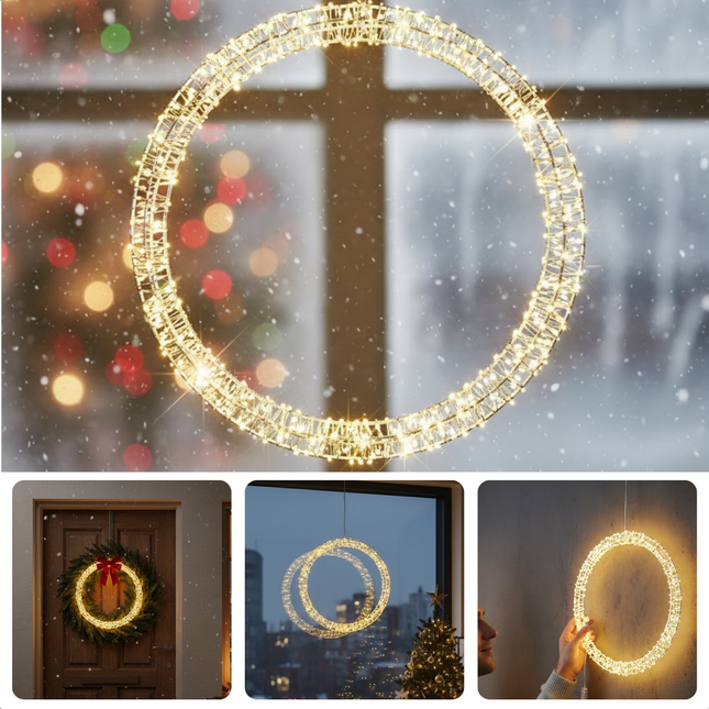 Cheqo® Kerstverlichting Cirkel - Warm Witte LED Lampjes - Ø36 cm Metaal - Spatwaterdicht IP44 - Timerfunctie Verlichting - Raamdecoratie Kerst - Tuinverlichting Cirkel - Buitenverlichting Wit - Hangende Cirkel Verlichting - 800 LED-Lampjes