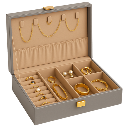 Cheqo® Sieradendoos Kunstleer - Bijouteriedoos - Sieradenkoffer - Juwelendoos - Sieraden Organizer - Grijs - Sieraden Doos - Sieradendoosje Met Kettinghaakjes en Ringklemmen