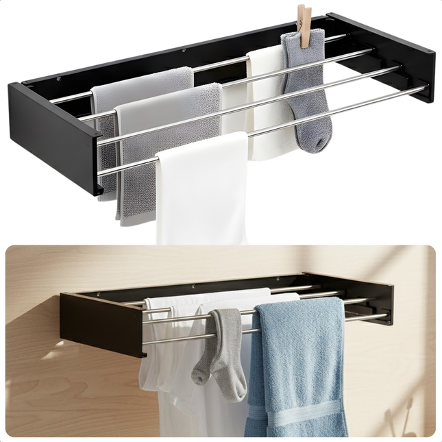 Cheqo® Wanddroogrek - Wanddroogrek Inklapbaar - Droogrek Muur - Muurdroogrek - Wanddroogrek Zwart - Inklapbaar Droogrek - Droogrek Aan Muur - Muur Droogrek Inklapbaar