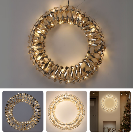 Cheqo® Verlichte Gouden Kerstkrans - 50 LED - Deurkrans Goud met LED - Kerstkrans met Kerstlampjes - Ø30 cm - Warm Wit LED - Binnen