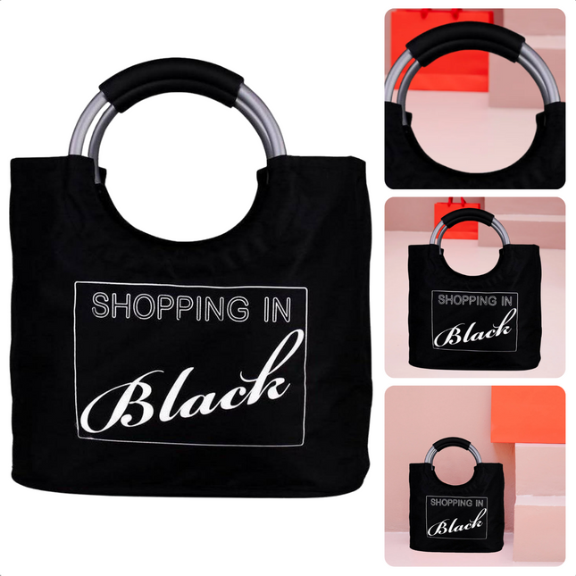 Cheqo® Handige Meeneem Boodschappentas - Met Metalen Beugels - Afmeting 46x38x35cm - Duurzame Draagtas - Milieuvriendelijke Herbruikbare Tas - Ruime Shopper - Zwart Design Boodschappentassen