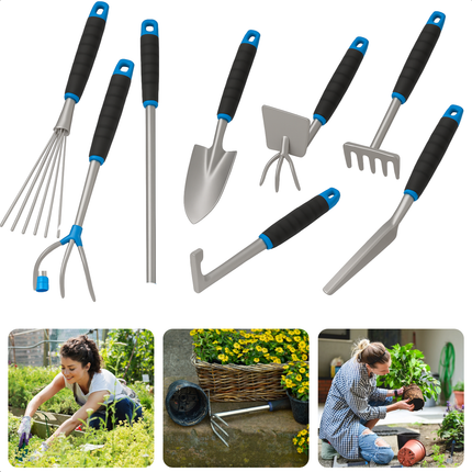 Cheqo® Tuingereedschap Set - Tuingereedschapset - 8-Delig - Tuinset - Tuin Set - Metaal en Kunststof - Schep - Hark - Voegms - Tuinklauw