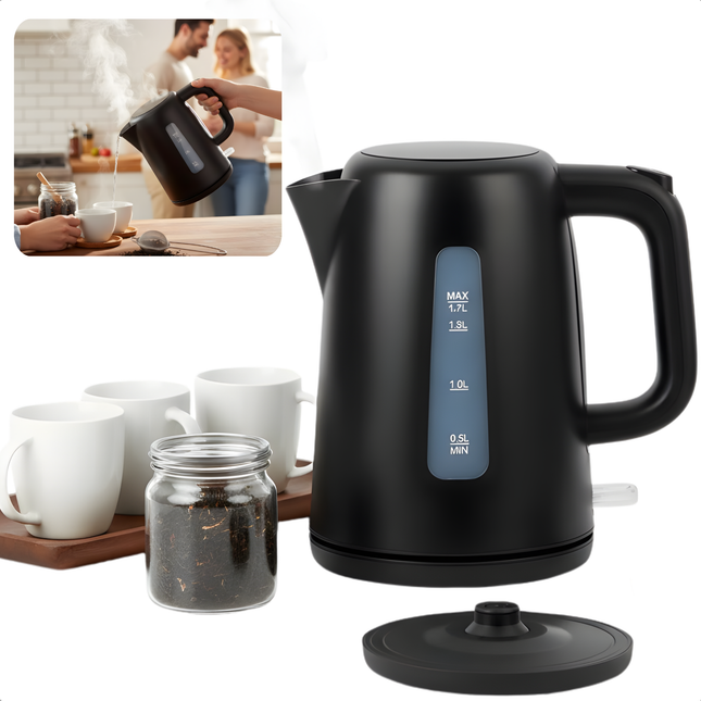 Cheqo® Waterkoker – Mat Zwarte Waterkoker – Snoerloos Design – Water Koker - Water Koken – Waterniveau-Indicator – Verborgen Verwarmingselement – Automatische Uitschakeling – Verlichte Aan/Uit-Schakelaar - Theekan