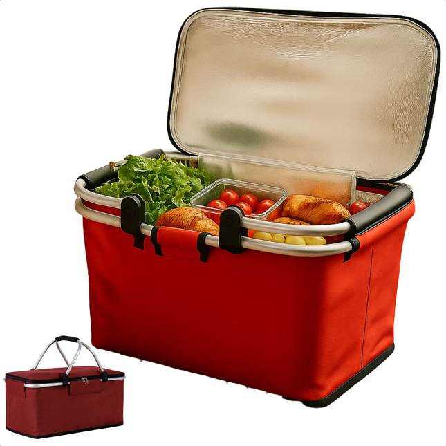 Cheqo® Opvouwbare Picknickmand - Picknickmand Rood - Koelmand Met Rits - Aluminium Frame - Oxford Cloth - Lichtgewicht Mand - Draagbare Picknickmand - Picknickmand Met Handvat - Picknickmand Voor Buiten - Picknickmand Voor Reizen