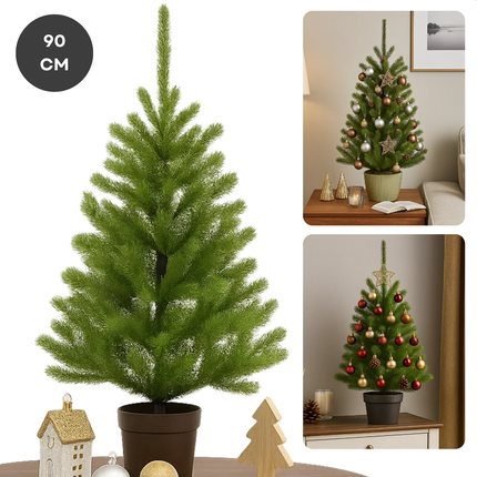 Cheqo® Kunstkerstboom In Pot - Compacte Kunstkerstboom - Kleine Kerstboom - Mini Kerstboom - Kerstboom 90 cm - Groene Kerstboom - Realistische Kerstboom - Natuurlijke Uitstraling - PE-Materiaal Kerstboom - Stevige Zwarte Pot - Kerstdecoratie