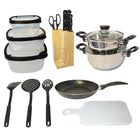 Cheqo® Complete Keukenset Voor Starters - 17 delig - RVS Pannenset - Opbergbakjes - Messenblok - Snijplank - Spatels - Kookpan - Koekenpan - Ideaal voor Studenten - Keukengerei Set - Kookgerei - Met Glazen Deksel - Voor Alle Warmtebronnen pannensets