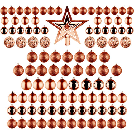 Cheqo® Luxe Bronzen Kerstballen Set - Met Piek - 101 stuks - Kunststof - Kerstboomversiering - Kerstversiering - Onbreekbaar - Verschillende Formaten & Designs - Kerstboom - Kerstballenset - Kerstdecoratie - Kerst - Christmas Kerstballen