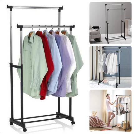 Cheqo® Verstelbaar Kledingrek op Wieltjes met Dubbele Stang en Extra Opslagruimte voor Studentenkamers - Mobiel Kledingrek met Schoenenrek - Ideaal voor T-shirts, Blousen, Jurken, Rokken, Broeken en Jeans - Maximaal Draagvermogen 20 kg Wonen