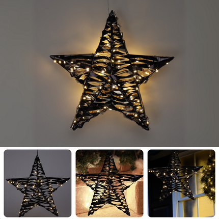 Cheqo® Verlichte Kerstster - Kerstkrans - Deurkrans - Kerst Ster Zwart - 40 cm - Microled - Metalen Decoratie voor Binnen