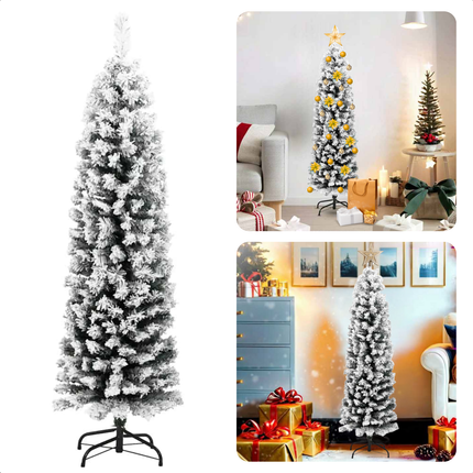 Cheqo® Kunstkerstboom Smal - Smalle Kerstboom - 150 cm - Met Sneeuw - PVC - Binnen/Buiten Gebruik