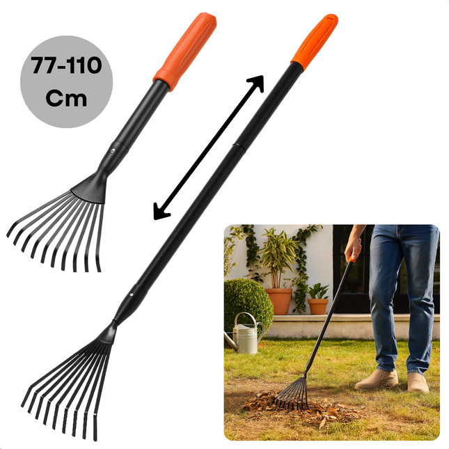 Cheqo® Hark met Verstelbare Steel - Bladhark - Tuinhark - Gazonhark - Roestbestendig - Duurzaam Staal - Zwart-Oranje Kleur - Bladeren Opruimen - Takjes Verwijderen - Tuin Egaliseren - Handige Tuinhulp - Tuinaccessoire