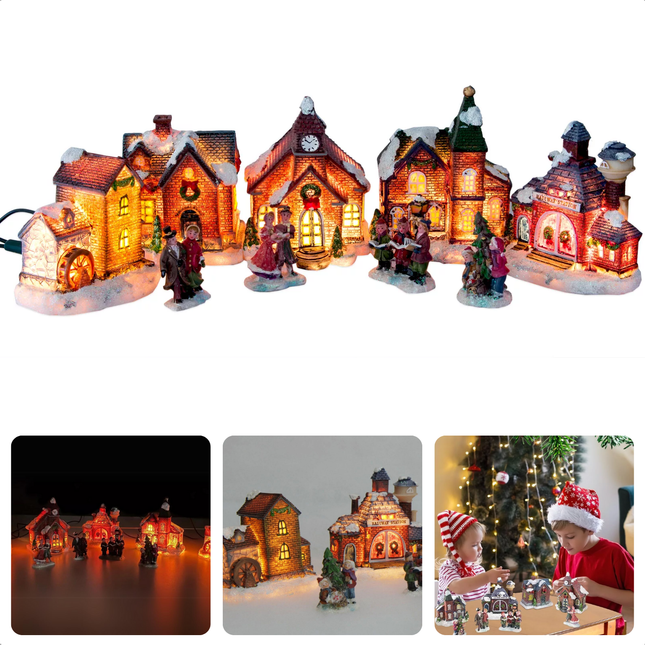 Cheqo® Verlicht Kerstdorpen - Verlicht Kerstdorp - Kersttafereel - Polystone Miniatuur Set - 9-delig met Figuurtjes - 230V