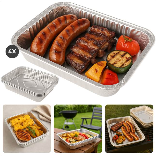 Cheqo® BBQ Grillschalen Aluminium - BBQ Bakjes - Barbecue Grillschaal - Set van 4 - Vetopvang BBQ - Wegwerp BBQ Schaal