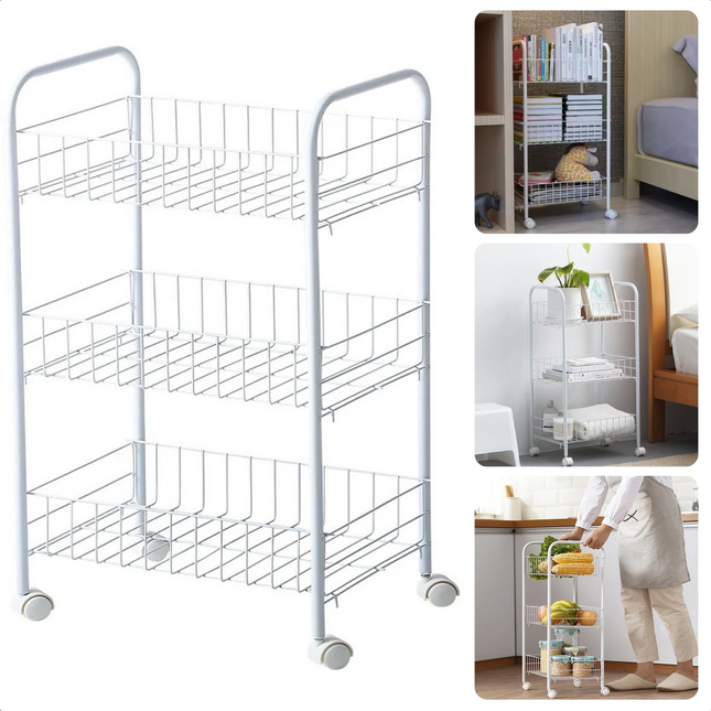 Cheqo® keukentrolley met metalen frame en drie draadmanden, ideaal voor extra opbergruimte in de keuken, wit, 36x27x63 cm.