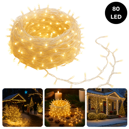 Cheqo® LED Verlichting - 80 LED Lampjes - Warm Wit - Lichtfuncties - Timer Functie - Kerstboomverlichting Transparant Snoer - Binnen En Buiten - IP44 Adapter - Kerstverlichting - Lichtslinger - Sfeerverlichting - Kerstlampjes