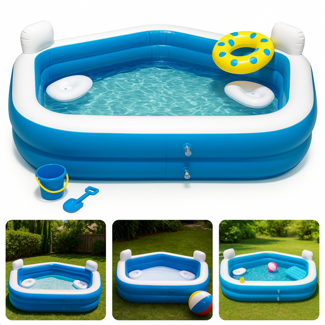 Cheqo® Vijfhoekig Opblaasbaar Familiezwembad - Zwembad - Opblaasbad - PVC - Bad Met Loungestoelen en Bekerhouders