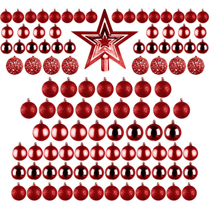 Cheqo® Luxe XL Rode Kerstballen Set - 101 Stuks - Met Piek - Onbreekbaar Kunststof - Kerstboomversiering - Kerstversiering - Verschillende Formaten & Designs - Kerstboom - Kerstdecoratie - Christmas - Met Ophangoog - Mat - Glanzend - Glitters Kerstballen