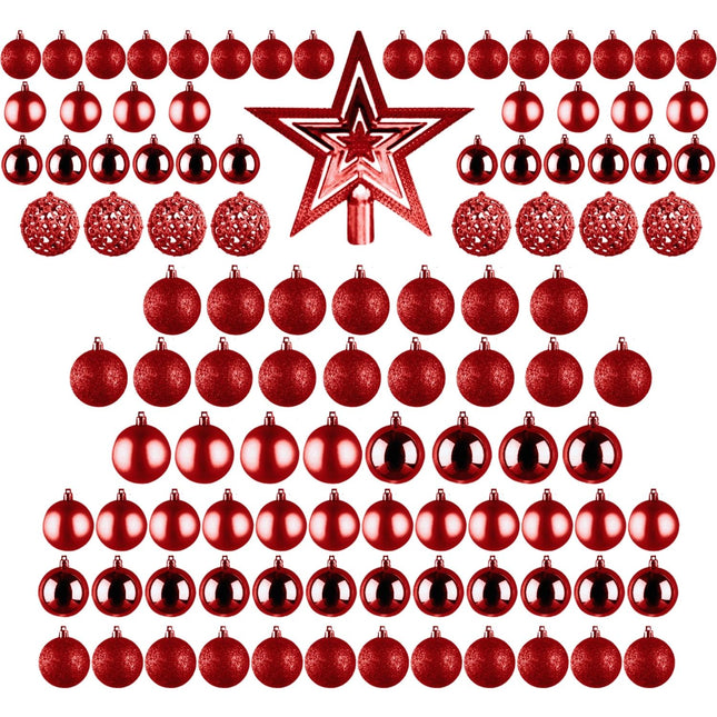 Cheqo® Luxe XL Rode Kerstballen Set - 101 Stuks - Met Piek - Onbreekbaar Kunststof - Kerstboomversiering - Kerstversiering - Verschillende Formaten & Designs - Kerstboom - Kerstdecoratie - Christmas - Met Ophangoog - Mat - Glanzend - Glitters Kerstballen