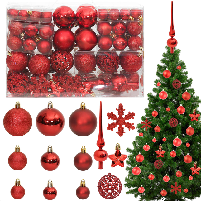 Cheqo® 111-delige Kerstballenset - Kerstballen Set - Onbreekbaar Polystyreen - Rode Versiering - Verschillende Maten