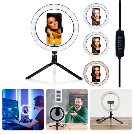 Cheqo® Selfie Ringlamp Set - 25 cm LED Ringlicht met Statief - Selfie Ringlight - Ring Light - Flexibele Telefoonhouder - USB Oplaadbaar - Verstelbaar Statief