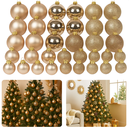 Cheqo® Kerstballen Set - Champagne Kleur - Ø7 cm - Glas Kerstballen - Kerstboom Decoratie - Matte En Glimmende - Glitter Kerstballen - Trendy En Modern - Warme Uitstraling - Verschillende Afmetingen - Kerstbal Set