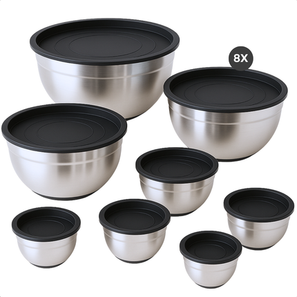 Cheqo® RVS Mengkommen Set - Beslagkommen Set - Mixkom - Kommen Stapelbaar en Met Deksel - 8-delige RVS Beslagkommen