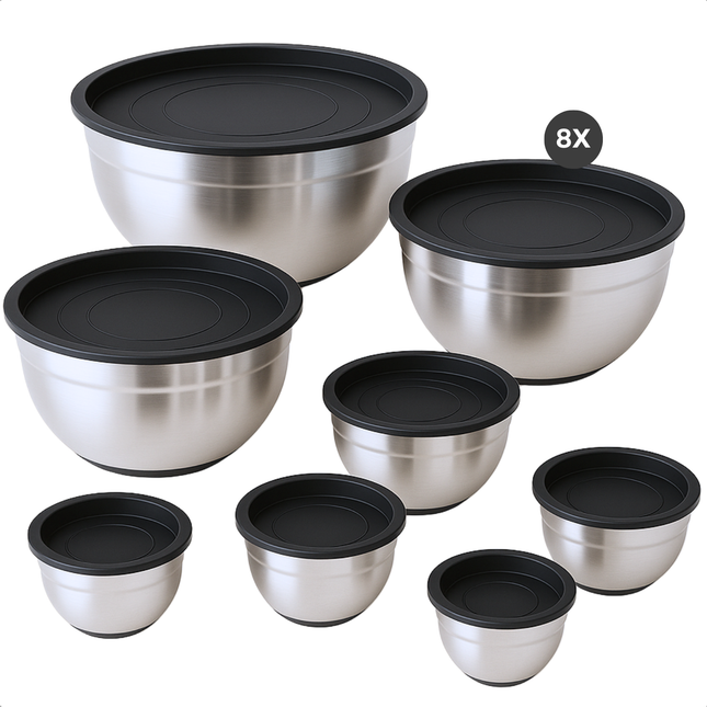 Cheqo® RVS Mengkommen Set - Beslagkommen Set - Mixkom - Kommen Stapelbaar en Met Deksel - 8-delige RVS Beslagkommen