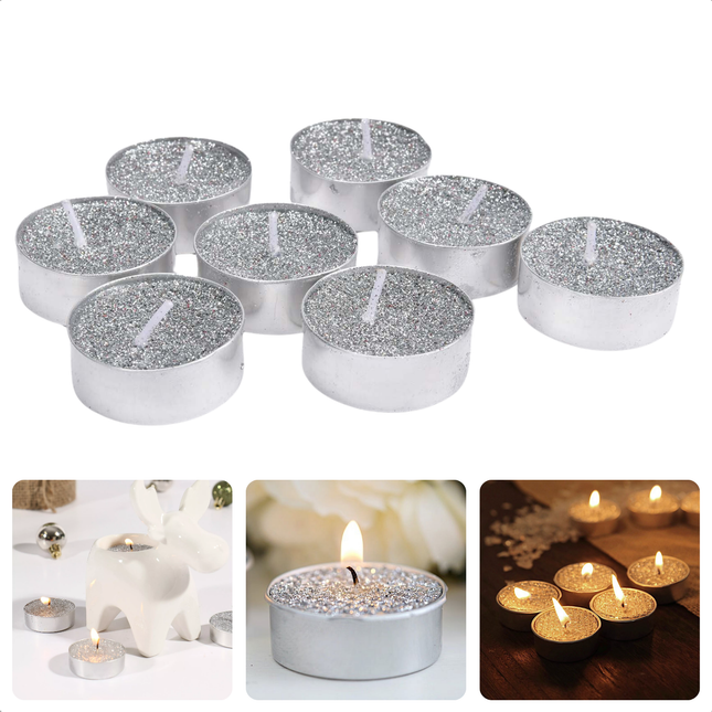 Cheqo® Glitter Theelichten Zilver - Waxinelichtjes met Glitter - Theelichtjes - Feestelijke Sfeerverlichting - Set van 8 Decoratieve Kaarsen