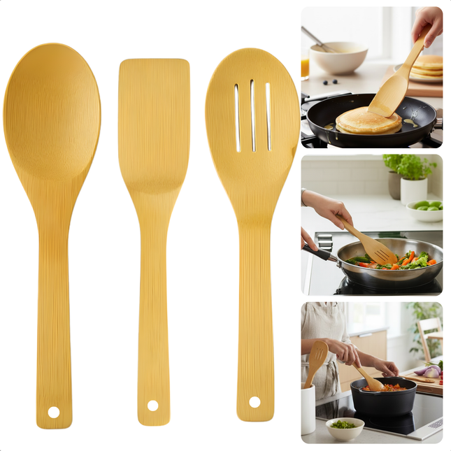 Cheqo® Bamboe Spatelset - 3-Delig - Keukenaccessoires - Duurzame Spatels - Milieuvriendelijk - Kookgerei Set - Hittebestendig - Lichtgewicht Ontwerp - Natuurlijke Uitstraling - Spatels Voor Koken - Bamboe Keukengerei
