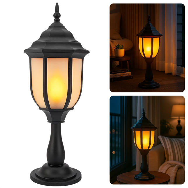 Cheqo® Lantaarn Met Vlameffect - Sfeervolle Kerst Lantaarn - Realistisch Vlameffect - Kunststof Lantaarn - Timer Functie - 48 cm Hoog - Voor Binnenshuis - LED Verlichting - Op Batterijen - Op Batterijen - 6 Uur Aan