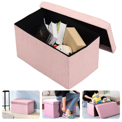 Cheqo® Opvouwbare Poef Met Opbergruimte - Roze - Grote Opbergbox - Organizer - Voetenbankje - Hocker - MDF en Katoen