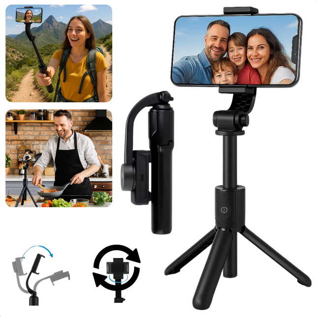 Cheqo® Selfie Stick Stabilisator - Gimbal Stabilisator - Bluetooth Selfiestick - Smartphone Stabilisator - Vlog Accessoires - TikTok En Instagram - Professionele Opname Kwaliteit - Vloeiende Bewegingen - Anti-Shake Functie - Draadloze Bediening