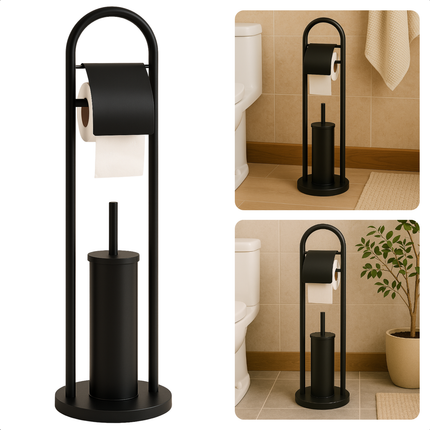 Cheqo® Vrijstaande Toiletbutler - Vrijstaand Toilet Butler - Zwart RVS - Touletborstel met Houder - WC Rol Houder - Rolhouder - Moderne Toiletaccessoires - 80 cm Hoog - Stijlvol en Duurzaam