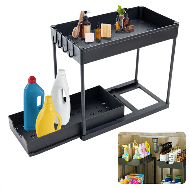 Cheqo® Keukenkast Organizer  - Keuken Organizer - Keukenkastorganizers - Set van 2 - Gootsteenkast Organizer - Gootsteenkastrek Uitschuifbaar – Keuken Kast Organizers - Badkamer Organizer - Uitschuifbare Lade - Kunststof Zwart