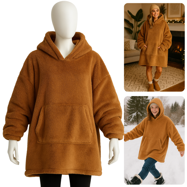 Cheqo® Teddy Hoodie Deken voor Vrouwen Bruin - Bruine Teddy Hoodie - Snuggle Hoodie - Cuddle Hoodie - Hoodie Blanket - Oodie Plaid - Deken - Oversized Hoodie - One Size
