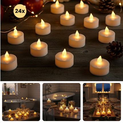 Cheqo® LED Theelichtjes - Theelichtjes Met Timer - Flikkerend Vlammetje - Warm Wit LED - Automatische Uitschakeling - 24 Stuks - Sfeervol Licht - Waxinelichtjes LED - Realistisch Vlammetje - Elektrische Kaarsen