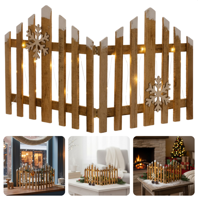 Cheqo® Kersthek Met LED Kerstverlichting - Houten Kersthek - Warm Wit LED - Automatische Timer - Kerstdecoratie Hek - LED Kerstverlichting - Kerstversiering Hout - Batterij - Decoratief Hek